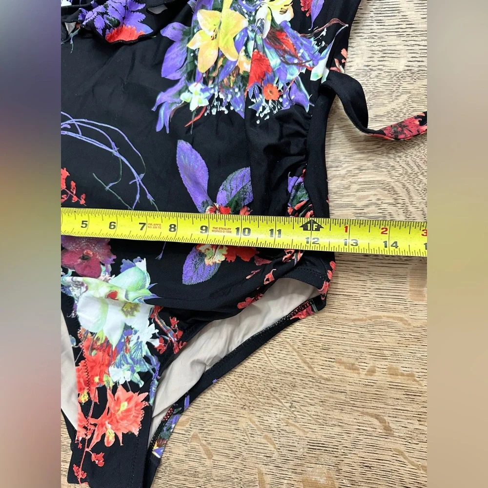 Anthropologie Allihop Ruffle Floral Halter Ruching Tie Waist One-Piece Swimsuit - Picture 12 of 16